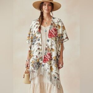 EUC Anthropologie Marseille Floral Fringed Kimono Poncho Shawl O/S Boho Western